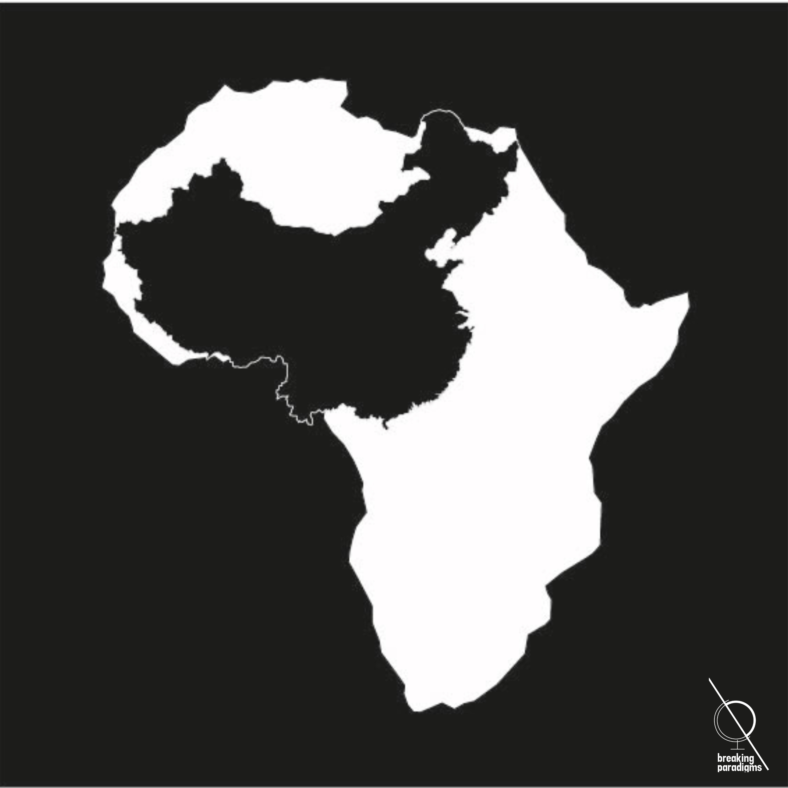 A white map of Africa on a black surface with a map of China within the African boarderlines in black